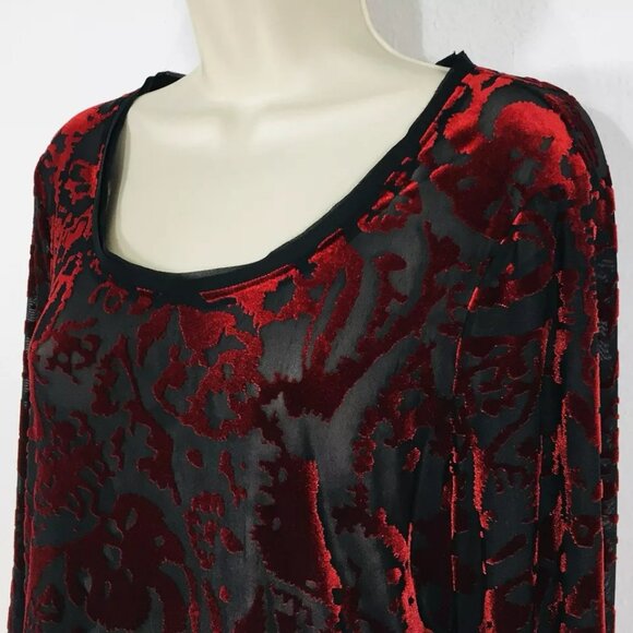 Simply Vera Wang Sz L Red Burnout Velvet Top Sheer Tunic Whimsy Goth - Picture 5 of 13